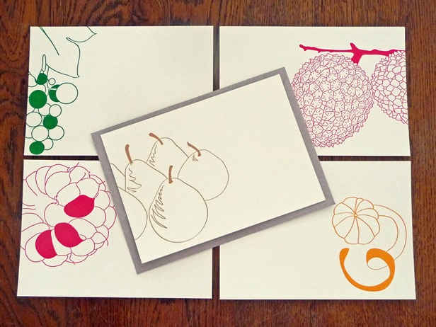 Des cartes letterpress dans ma boutique ! 8 Les 5 cartes "Mangez 5 fruits par jour", disponibles en set ou à l'unité.