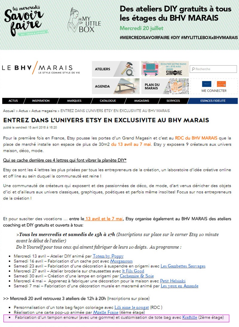 Kraftille anime un atelier d'initiation à la gravure de tampon en gomme au BHV Marais en partenariat avec Etsy