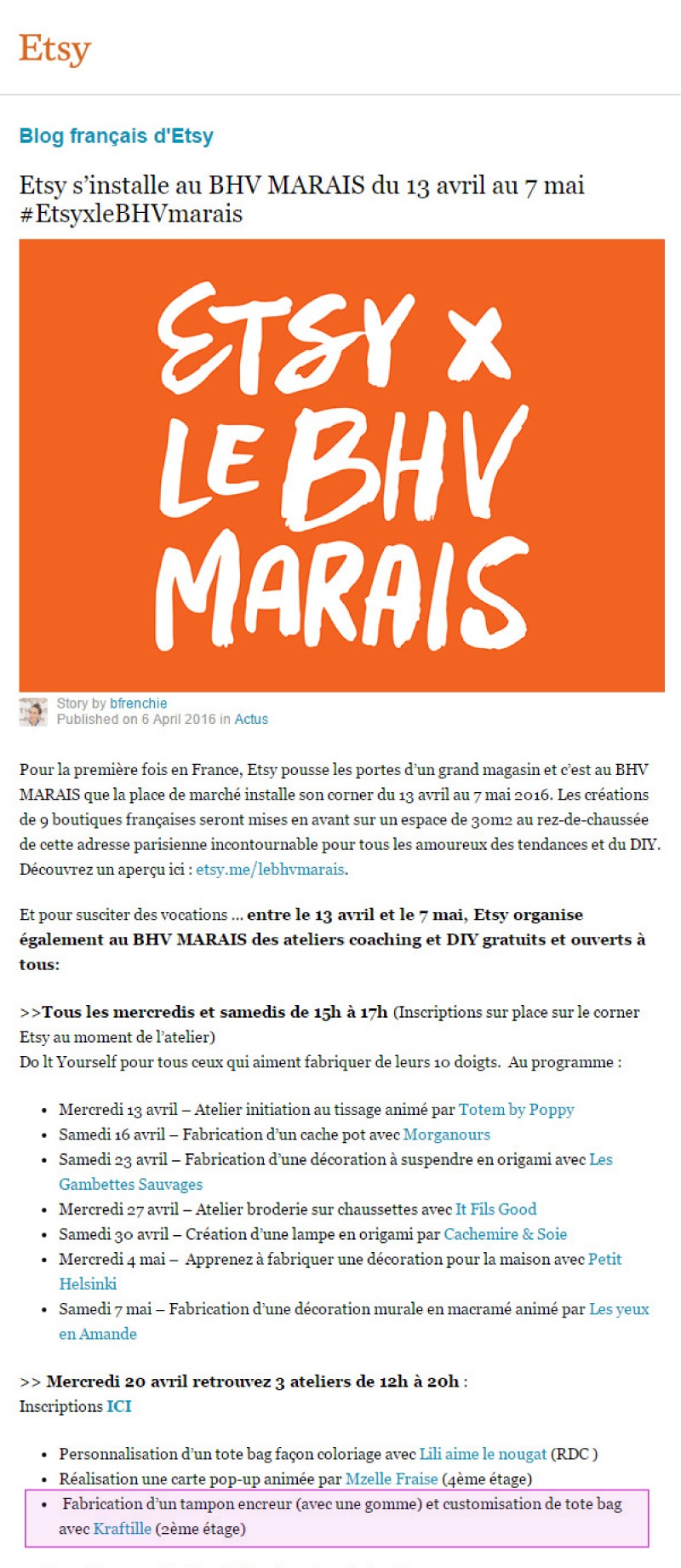 BHV Marais x Etsy - Animation d'un atelier de gravure de tampon en gomme par Kraftille