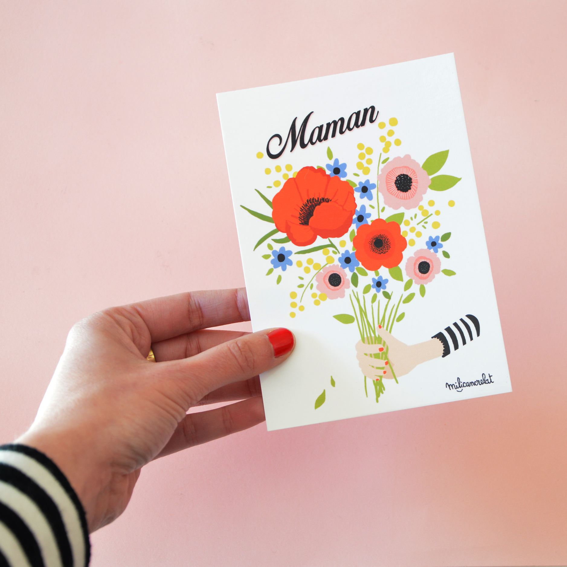 Carte 14,8 cm X 10,5 cm. Bouquet de fleurs imprimé à offrir à maman pour la fête des mères.