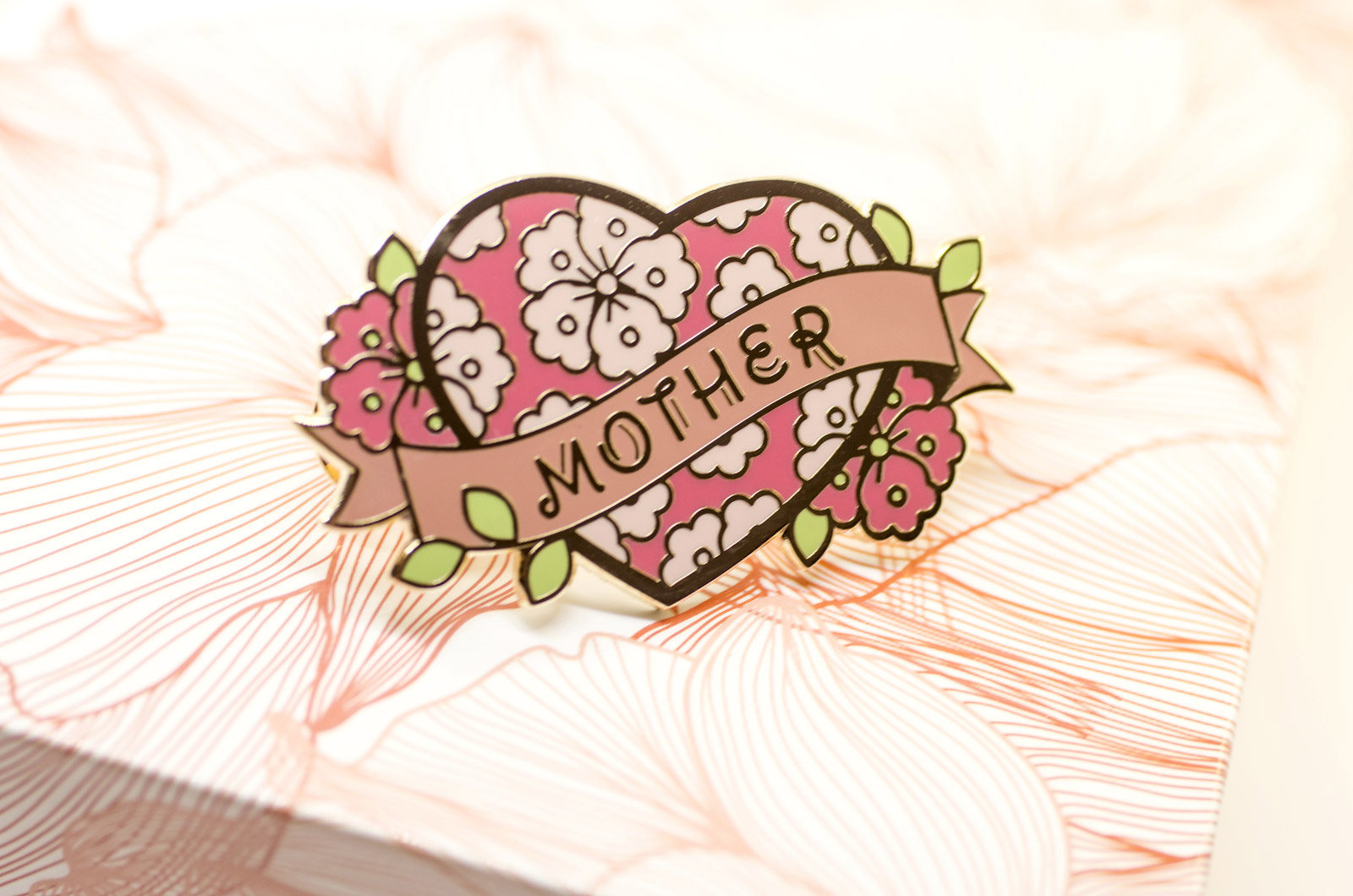 mom tattoo pin moms enamel accessory swag vintage mother's day art flower banner heart leaf floral gold lineart