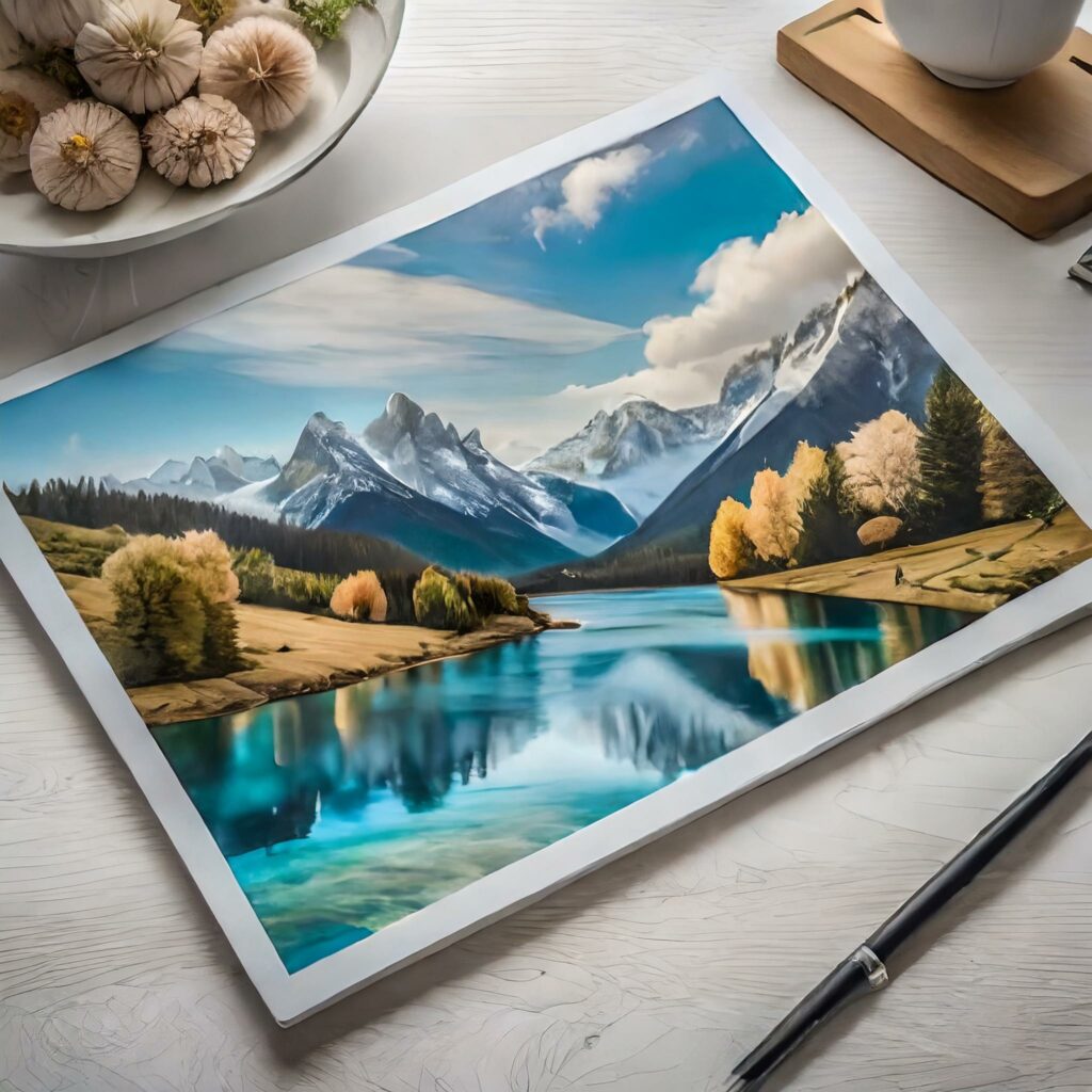Les outils pour démarrer la gravure sur gomme 9 Firefly photo of a landscape picture printed on glossy paper and white borders flat lay on top of 1