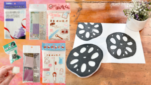Tampon gravé à la main représentant une tranche de racine de lotus, réalisé avec une gomme Hankeshi-Kun de la marque Hinodewashi, accompagné de son impression sur papier.