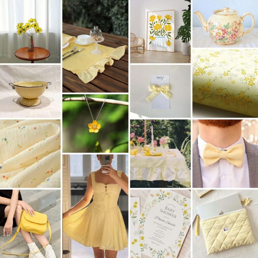 Sélection Jaune Beurre 2025 : 45 Créations Artisanales Etsy 2 Mood board jaune beurre style cottage romantique avec bouquet marguerites verre coloré, chemin table lin vintage, théière anglaise fleurie, passoire émaillée, bijoux délicats, papier japonais, tissus floraux, accessoires artisanaux tons chauds