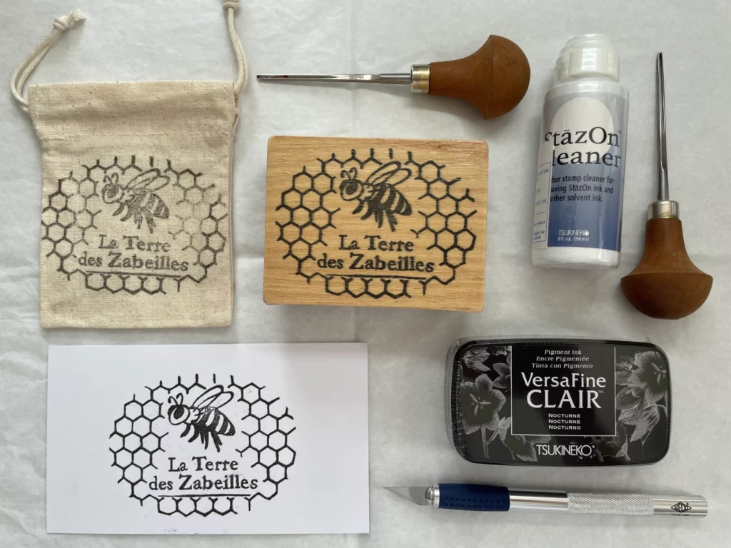 Outils tampons gomme japonaise Hinodewashi, encre, nettoyant-set créatif Kraftille artisanal par Sophie, motif abeille.