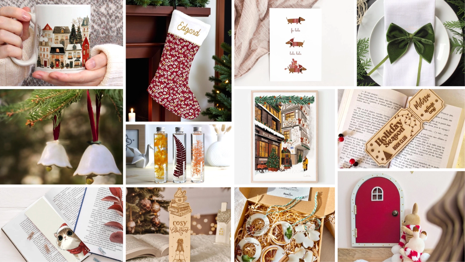 Montage festif Kraftille : cadeaux noël artisanaux, tampons gomme japonaise Hinodewashi, créations Sophie, motifs créatifs. Bannière mix idées cadeaux Noël artisanal fait main : décorations naturelles bois et cire, céramique, papeterie illustrée, coffrets gourmands cocooning, accessoires lecture et cadeaux maîtresses.