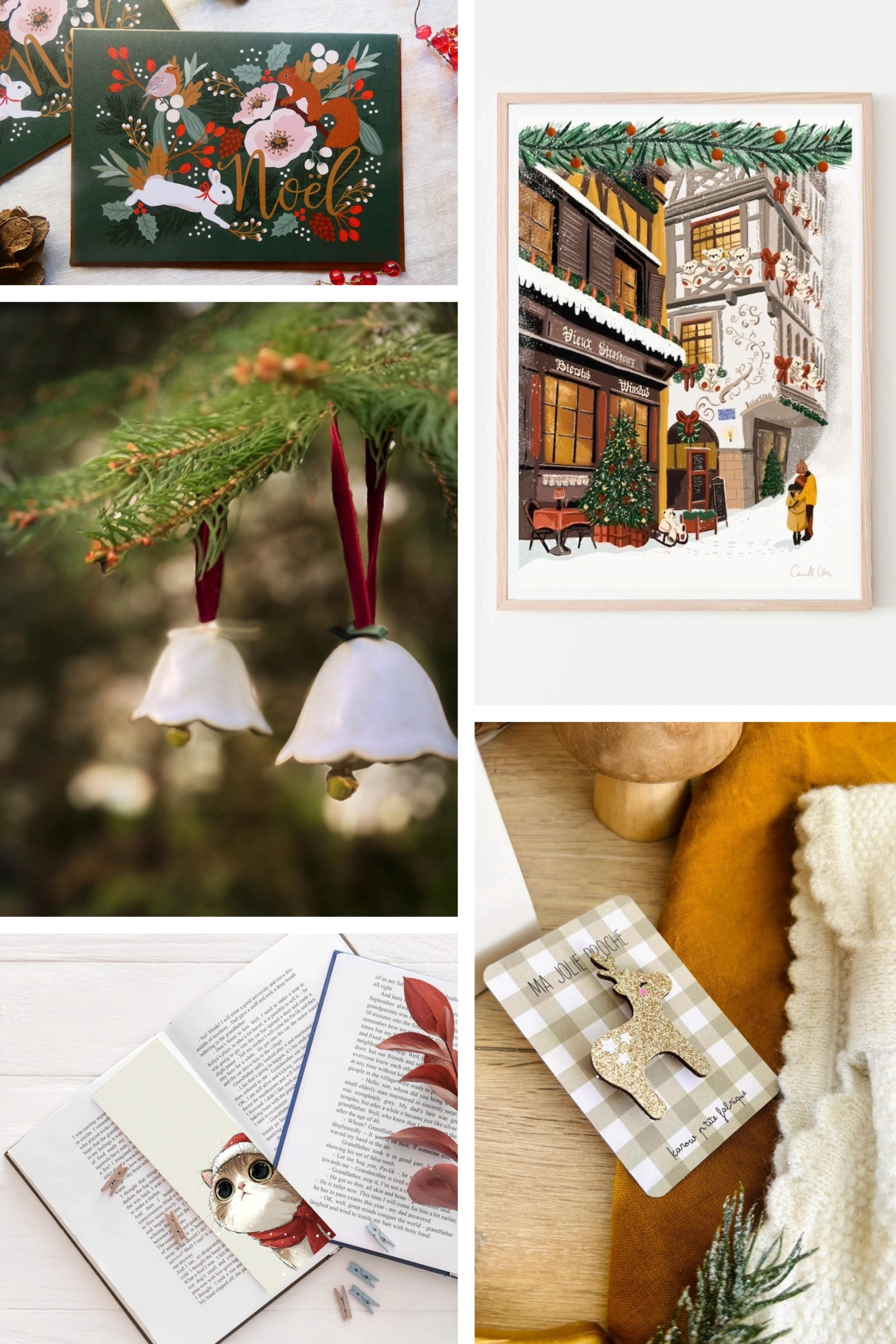 Sélection Noël artisanal fait main : carte vœux lapins, affiche marché de Strasbourg, clochettes en céramique, marque-page chat kawaii et broche renne doré.