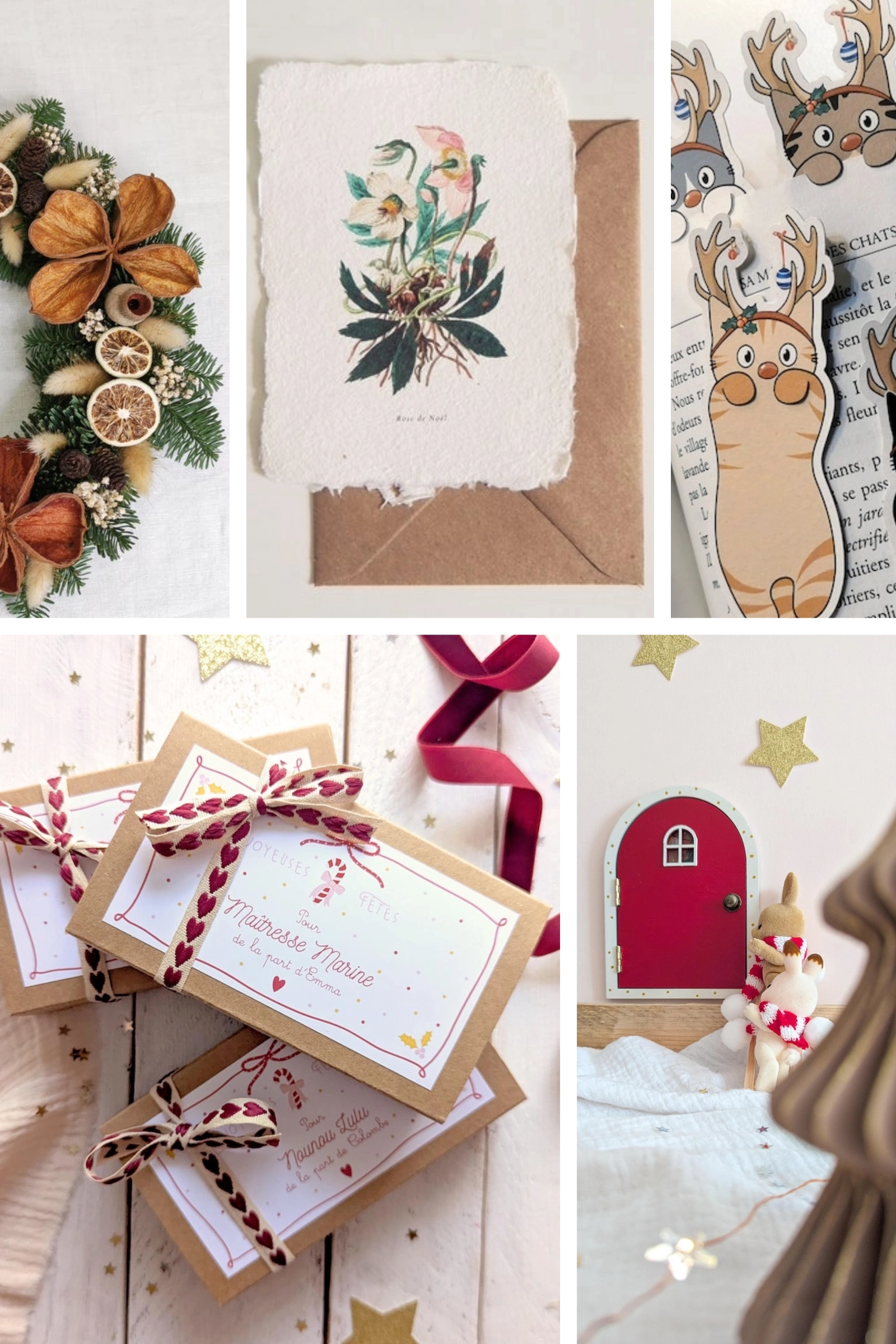Idées cadeaux Noël féerique et remerciement : couronne fleurs séchées, box surprise maîtresse et nounou, porte magique lutin, carte botanique et marque-pages recyclés.