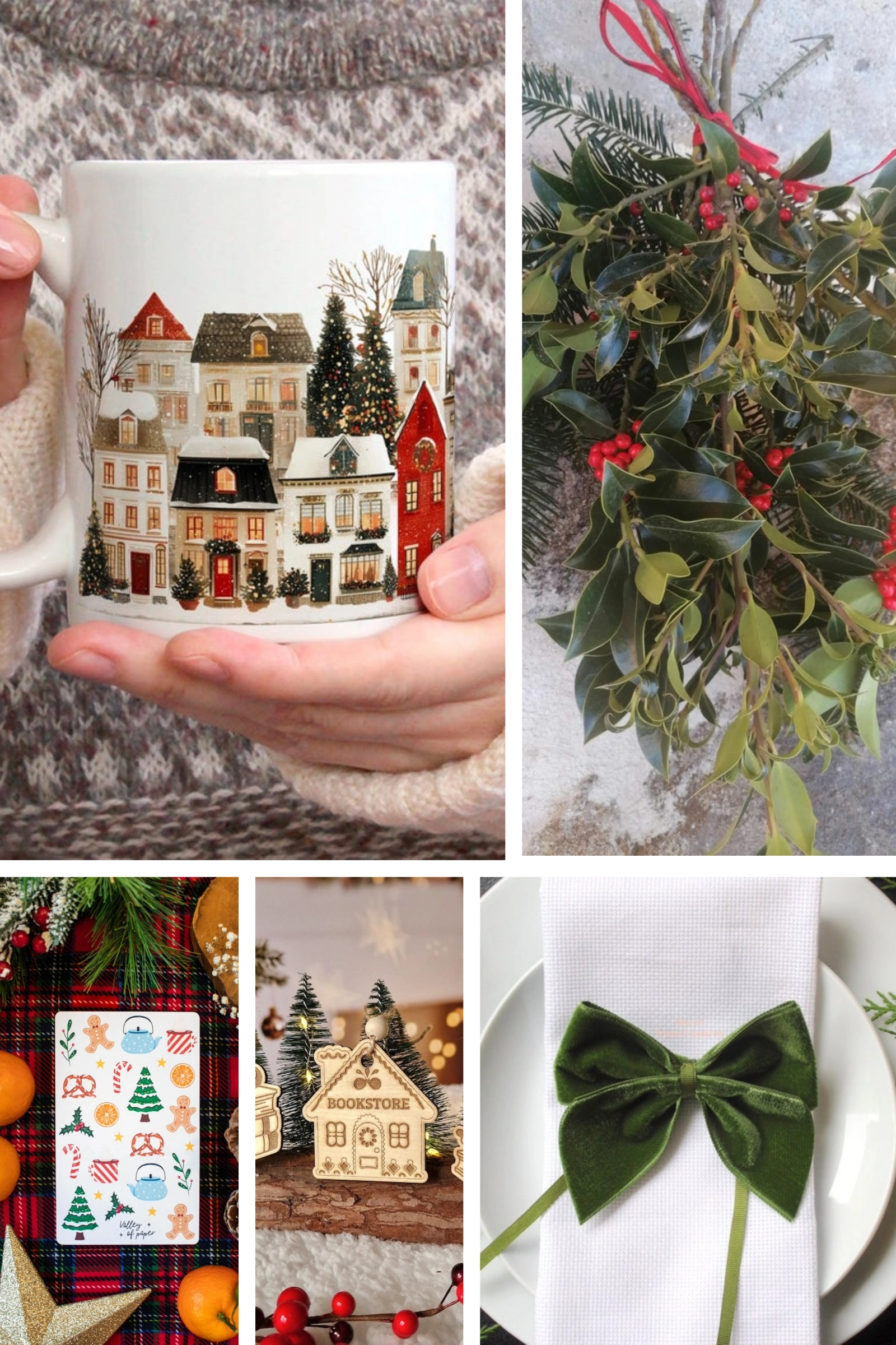 Idées cadeaux Noël créatif et lecture : mug village hiver, houx naturel frais, stickers bullet journal, ornements bois livres et ronds de serviette nœud velours.