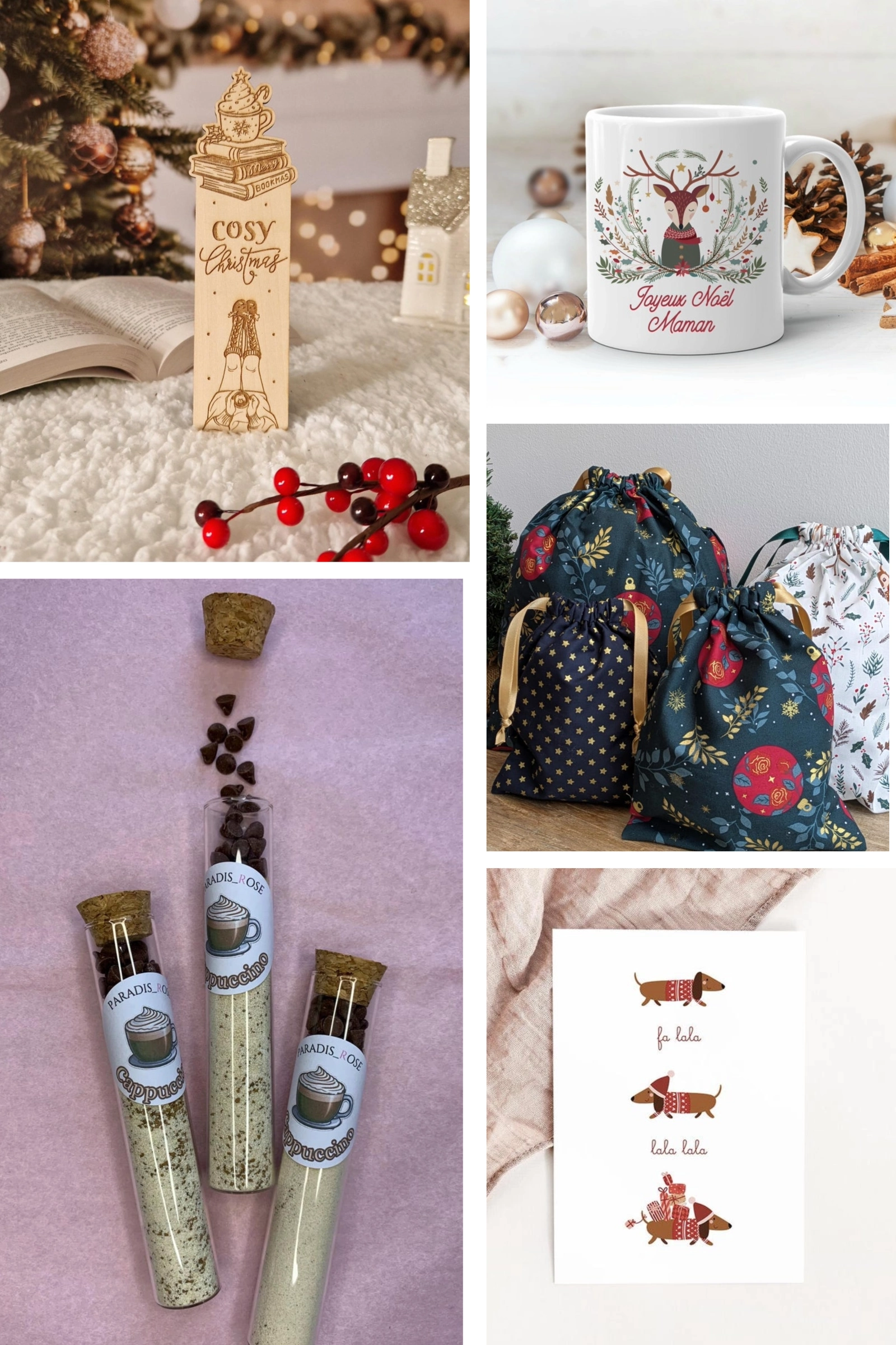 Idées cadeaux Noël fait main cocooning : mug personnalisé maman, fioles cappuccino gourmandes, hottes en tissu zéro déchet, marque-page bois et carte de vœux.