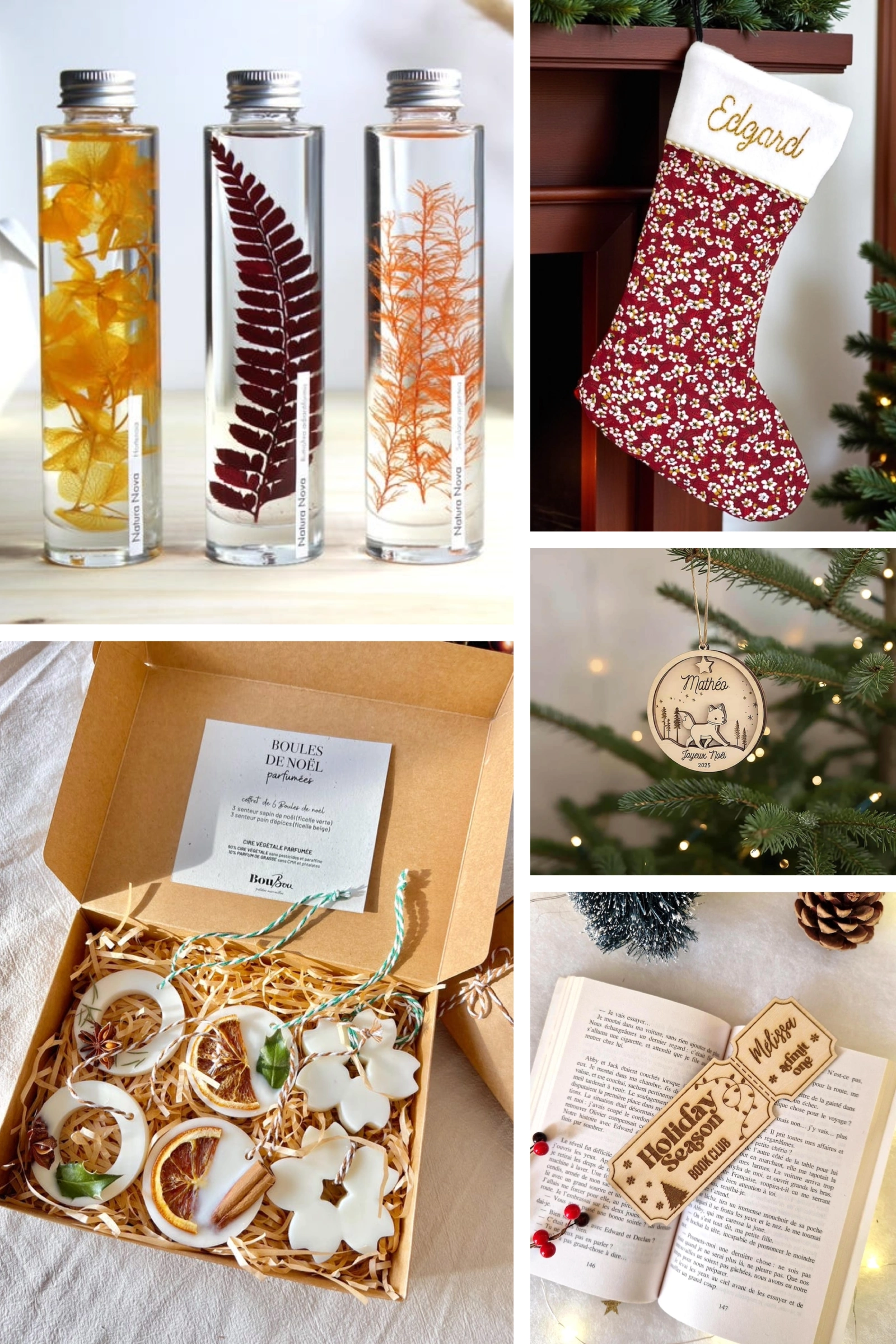 Collage cadeaux festifs Kraftille : tampons gomme japonaise Hinodewashi, créations Sophie, motifs uniques, artisanal créatif.